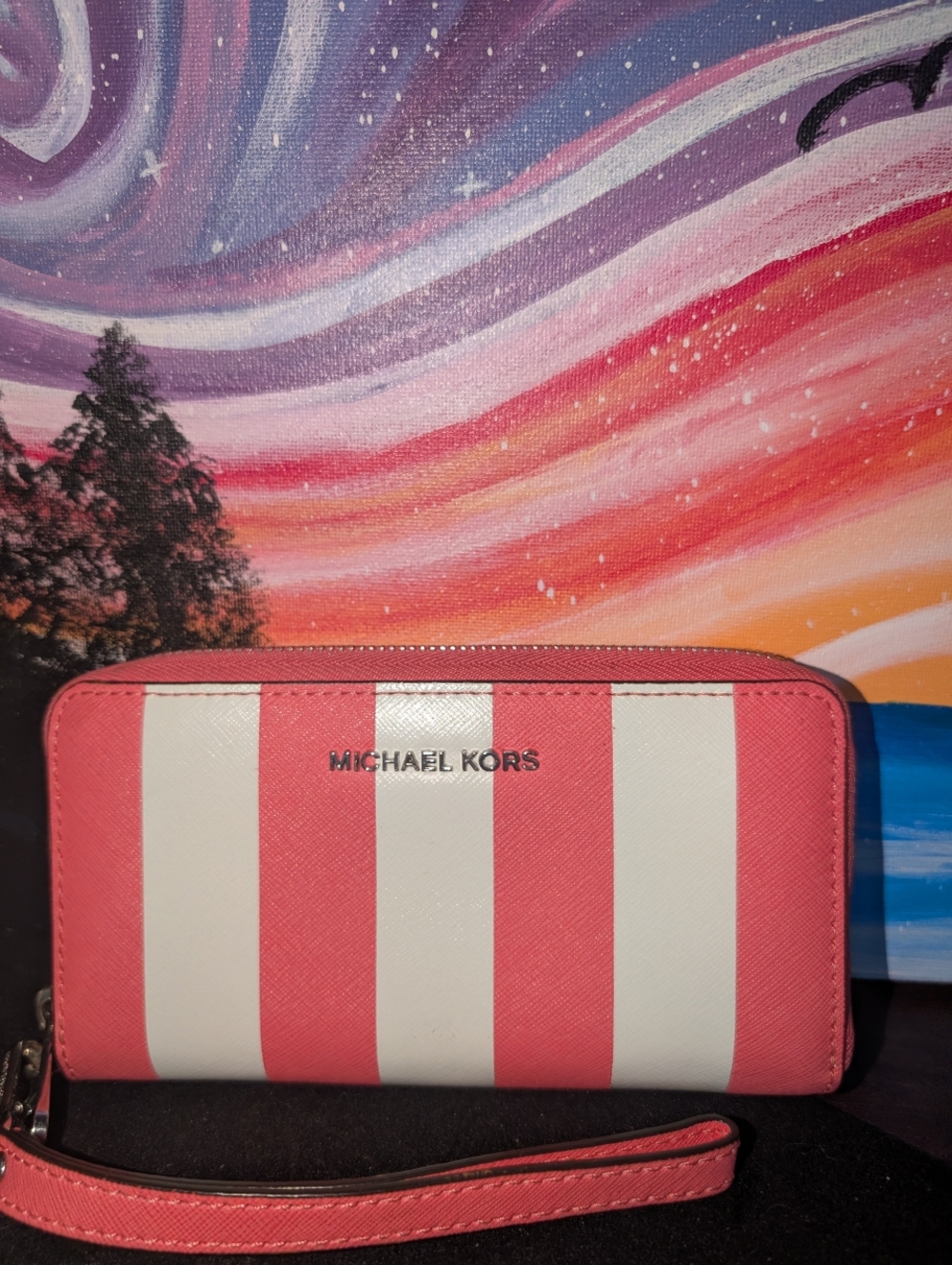 Michael Kors Pink & White Stripe Wristlet Wallet